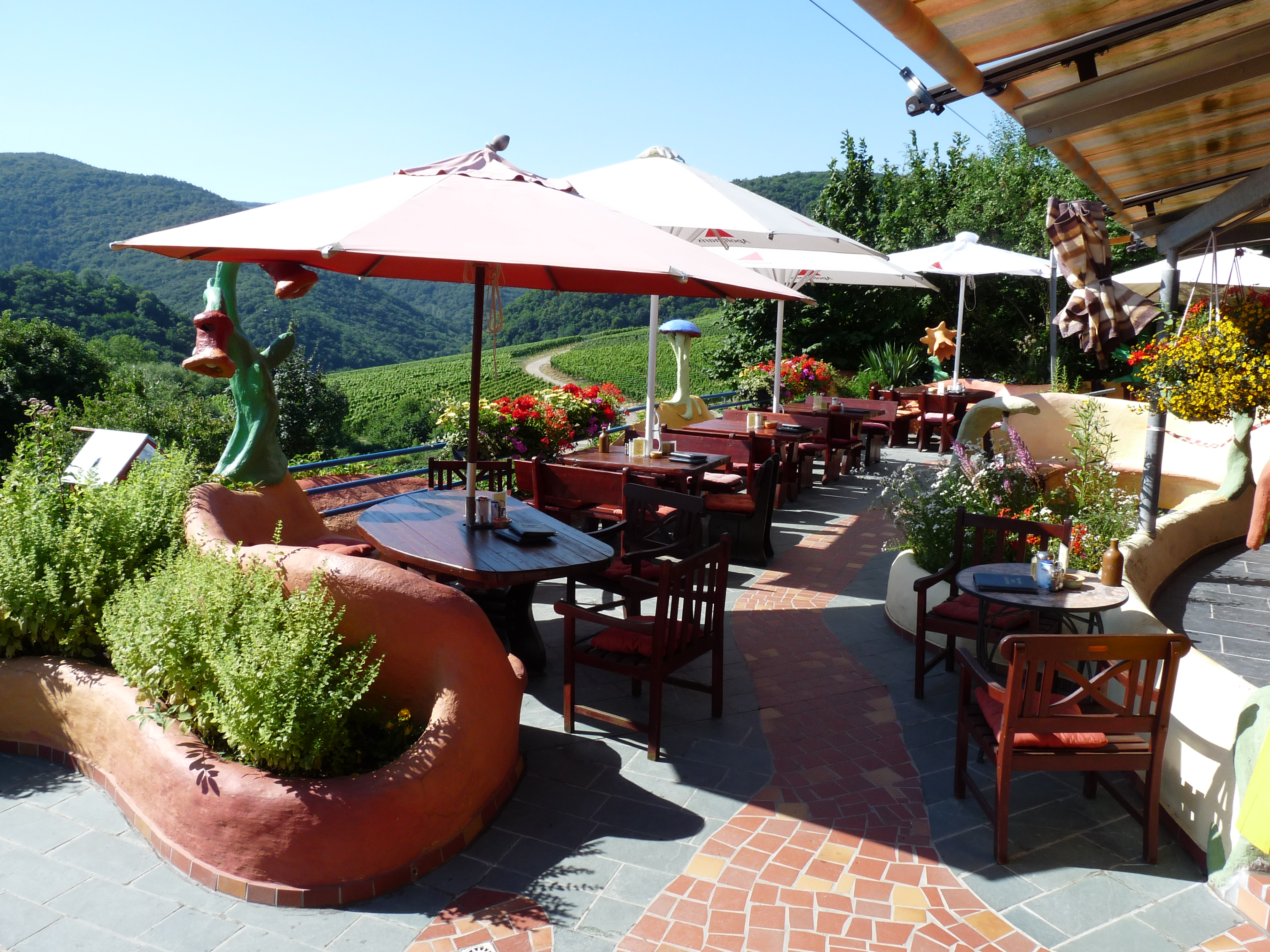 Sonnige Wein-Terrasse mit Blick in die Weinberge
